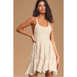 Free People Women's Encrusted Bohemian Beaded Ruffled Mini Dress Size S Ivory